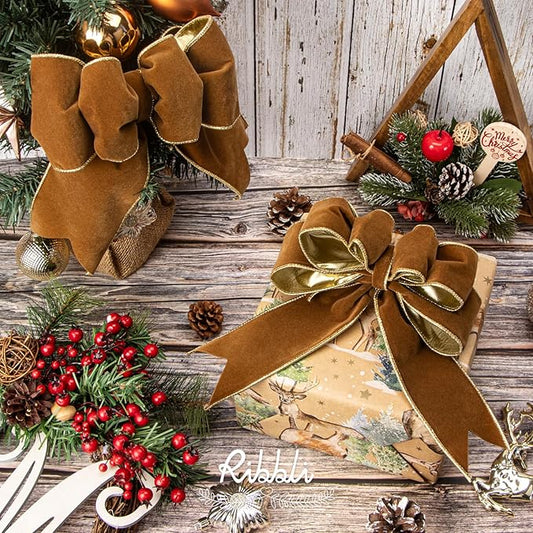 Ribbli Khaki Velvet Wired Ribbon 4 Inch Luxury Matte Velvet Christmas Ribbon for Gift Wrapping Christmas Tree Decoration Crafts Wreaths Supplies - 10 Yards