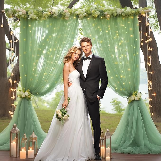 30x10ft Olive Green Tulle Backdrop Curtain with Lights String for Parites, Sheer Backdrop Curtains for Wedding Baby Shower Birthday Party Photo Shoot Decorations