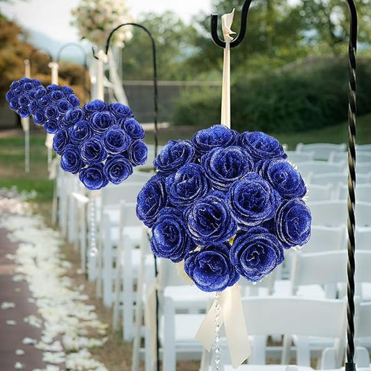 Royal Blue Glitter Roses Bouquet,30PCS Fake Sparkling Flowers Artificial Roses with Stems for Wedding Party Christmas Home Decor(Royal Blue with Silver Glitter)