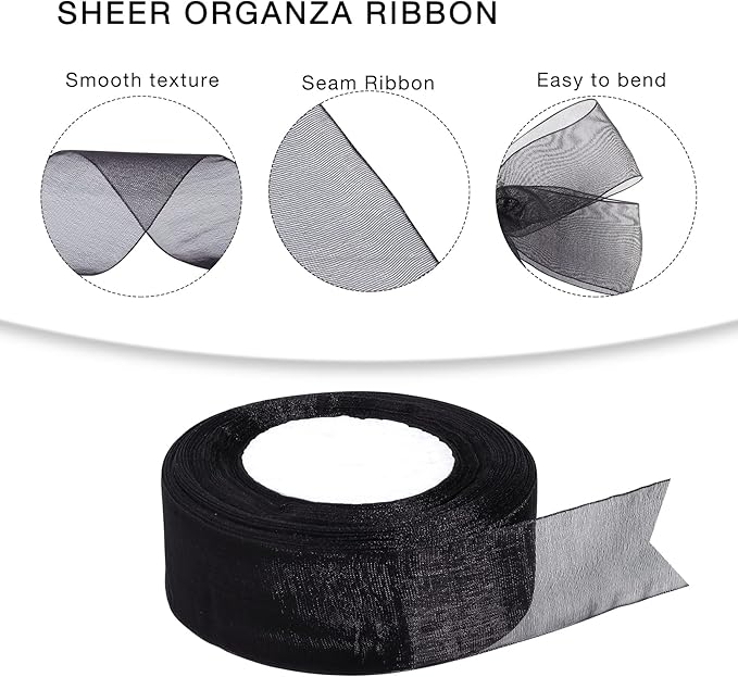 1.5 inch Sheer Organza Ribbon Black Chiffon Ribbon for Gift Wrapping Christmas Halloween Decoration Wedding Bouquet Crafts 50 Yards