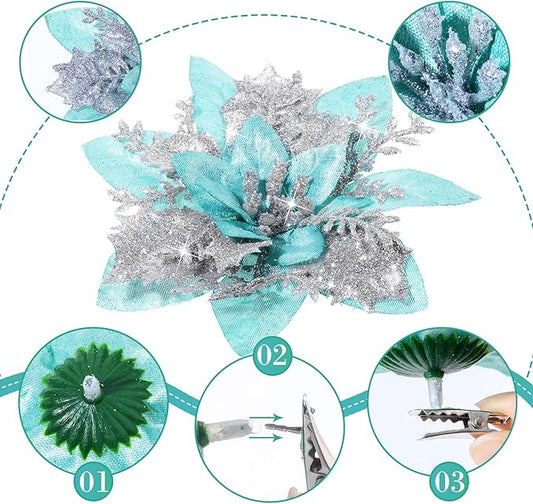 24 Christmas Glitter Artificial Poinsettia Flowers Xmas Poinsettia Artificial Wedding Flowers Decorations Xmas Tree Ornaments with Clips for Party Favors, 6 Inch, 4 Inch, 3 Inch (Silver and Green)