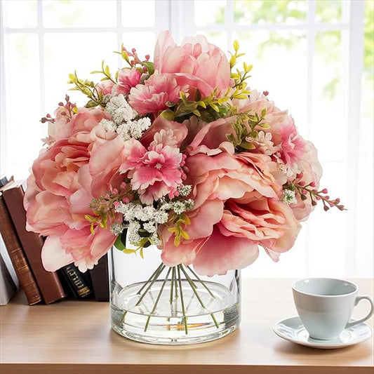 ENOVA FLORAL Artificial Silk Flower Arrangement with Vase,Mixed Artificial Silk Peony Flower in Vase for Decoration Home Office, Wedding Centerpiece (Champagne)