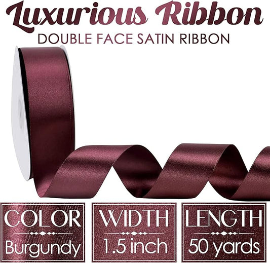MEEDEE Burgundy Satin Ribbon - 1-1/2 inch Wide, Double Faced, 50 Yards for Christmas Tree, Crafts, Weddings, Flower Bouquets