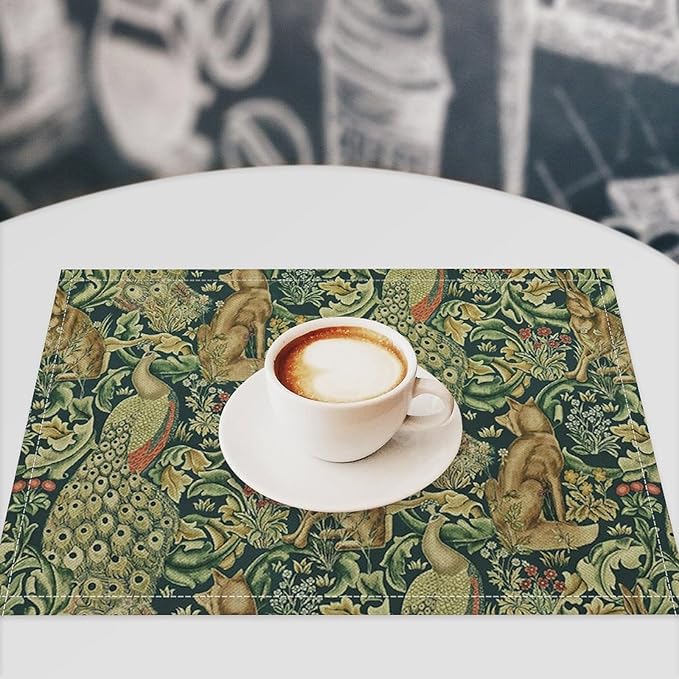William Morris Floral Animal Placemats Set of 6, Vintage Botanical Plant Birds Rabbit Place Mats, Heat Resistant Non Slip Cotton Linen Dining Table Mats for Home Kitchen Party 18x12 Inch