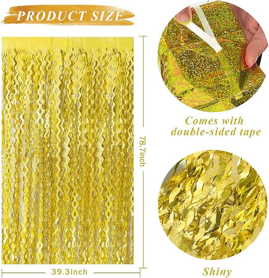 2 Pack Gold Fringe Curtain Backdrop Tinsel Streamers Birthday Party Decorations Photo Booth Backdrop Halloween New Year Graduation Theme Party Decorations