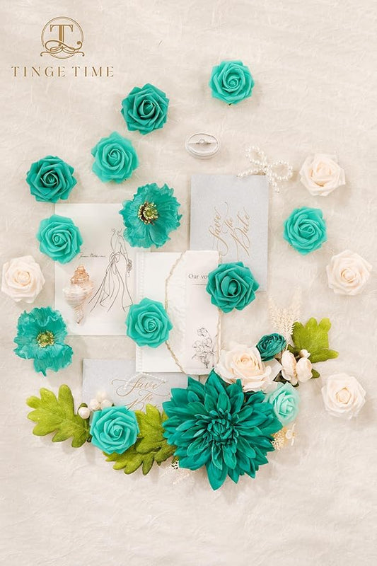 TINGE TIME Artificial Flowers Combo Mix Silk Flowers Teal Green Roses w/stem for DIY Wedding Bridal Bouquets Baby Shower Floral Arrangement Table Centerpieces Home Decorations (Deep Teal Green)