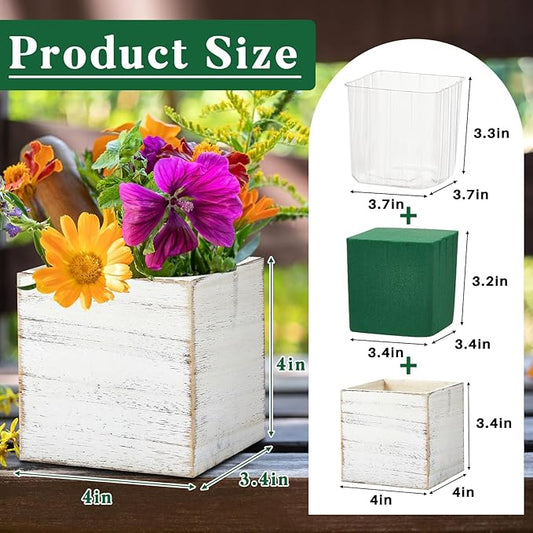 Dandat 4 Sets Wooden Cube Planter Boxes for Centerpiece 4 Inch Flower White Wood Rustic Square Vase with Removable Plastic Liner Floral Foam Block for Garden Wedding Christmas Home Arrangement Decor