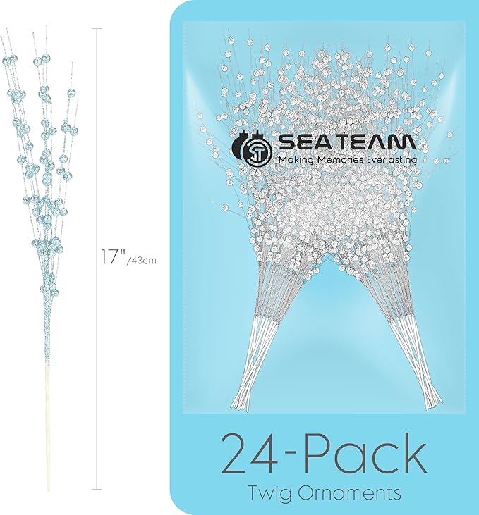 Sea Team 24-Pack Artificial Glitter Berry Stem Ornaments, Decorative Bead Sticks, Glittery Twigs, Picks, Branches for Christmas Tree, Small Vase, Holiday, Wedding, Party (17 Inches, Babyblue)