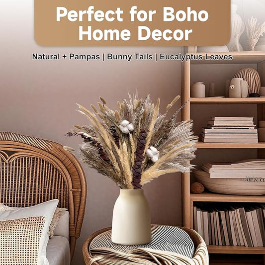 Pampas Grass Boho Home Decor 80PCS 17 inch Natural Dried Flowers for Vase Eucalyptus Stems Pompas Dried Flowers Bouquet DIY Arrangements Boho Wedding Bedroom Tables Rustic Decoration