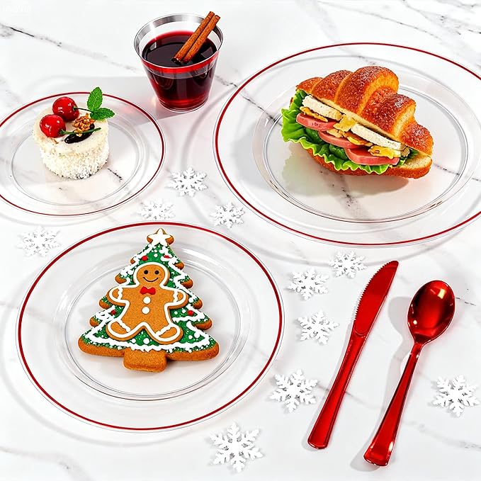 SUT 350 Pcs Red and Clear Plastic Dinnerware Set for 50 Guests, Include: 50 Dinner Plates, 50 Dessert Plates, 50 Pre Rolled Napkins With Silverware, 50 Cups, Disposable Plates for Party, Christmas