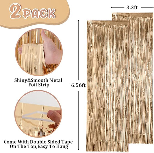 2 Pack Champagne Foil Fringe Backdrop Curtains, Tinsel Streamers Birthday Party Decorations, Fringe Backdrop for Anniversary, New Years, Birthday Party