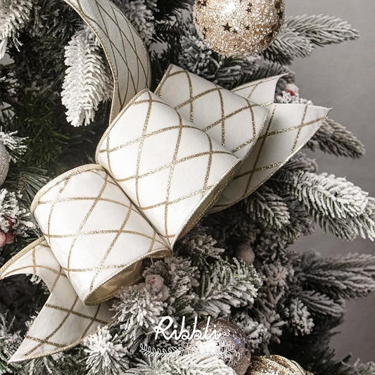 Ribbli White Velvet Ribbon Wired with Glitter Diamond Grid 4 Inch Christmas Ribbon for Christmas Tree Decoration Big Bow Gift Wrapping Crafts Wreaths Garland Supplies - 10 Yards