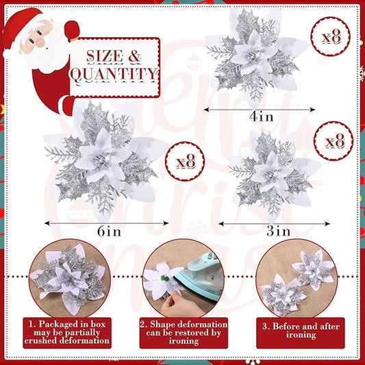 24 Christmas Glitter Artificial Poinsettia Flowers Xmas Poinsettia Artificial Wedding Flowers Decorations Xmas Tree Ornaments with Clips for Party Favors, 6 Inch, 4 Inch, 3 Inch (White)