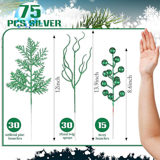 75 Pcs Christmas Glitter Branches 3 Styles Artificial Christmas Picks Berries Stems Pine Needles Floral Twig Spray for Xmas Tree Ornaments DIY Wreath Garland(Green)