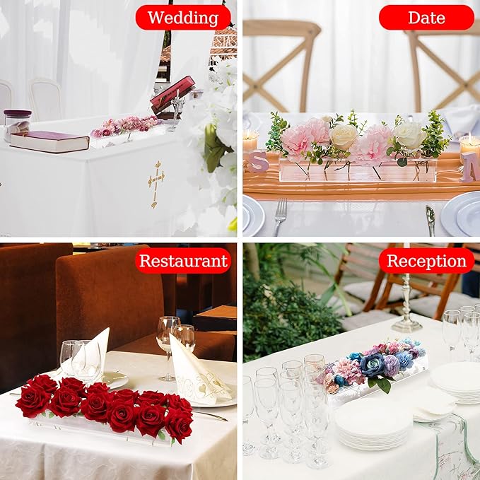 4Pcs Acrylic Flower Vase with 12Holes Clear Acrylic Modern Vases Rectangular Floral Centerpiece for Dining Table Low Decoration Vase for Christmas Party Decorations (Clear(4pcs Total 48‘’ 120cm))