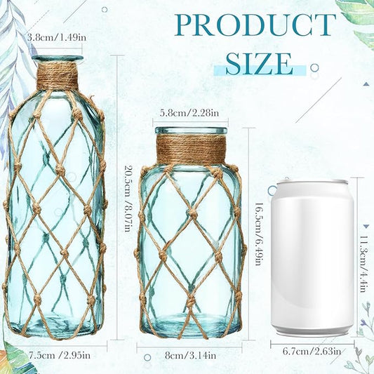 Chuangdi Set of 2 Coastal Glass Vases for Flower Small Flower Vase with Boho Rope Wrapping Beach Decorative Bottle for Coastal Nautical Table Centerpiece Wedding Floral Arrangement Decor(Light Blue)
