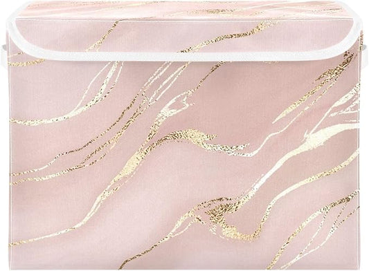 Collapsible Storage Bins with Lids, Rose Gold Pink Marble Storage Boxes for Organizing