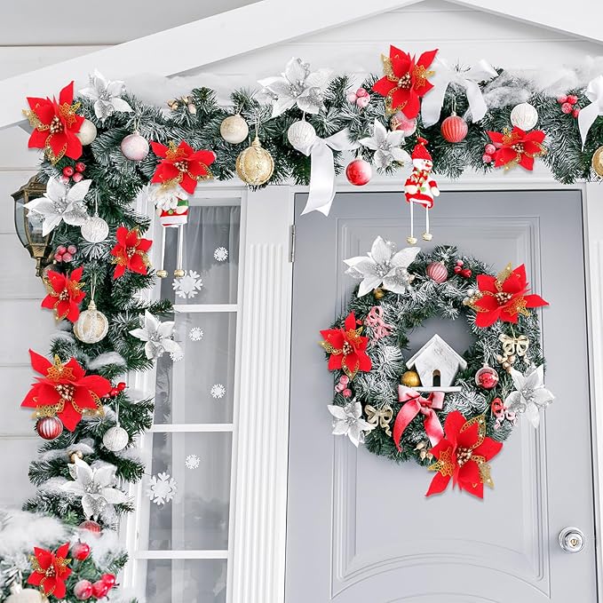 Boao 24 Pieces Christmas Artificial Glitter Poinsettia Flowers Xmas Flowers Wedding Christmas Tree New Year Ornaments(Red and Silver)