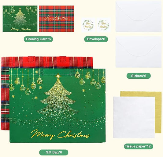 YANGTE 6 Pack 13" Large Christmas Gift Bags with Tissue Paper, Reusable Non-Woven Christmas Bag with Handles for Holiday Presents Wrapping, Xmas Tote Bags for Gifts Wrapping Xmas Party Favors
