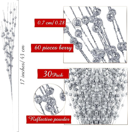 Geosar 30 Pcs Christmas Artificial Glitter Berry Stem Decorations 17 Inch Faux Stick Floral Pick Centerpiece Bouquet Flower Bead Twigs for Centerpiece Tree Wreath Xmas Ornaments Home(Silver)