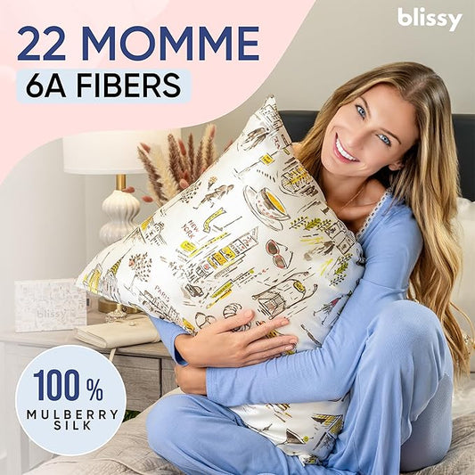 Blissy Silk Pillowcase - 100% Pure Mulberry Silk - 22 Momme 6A High-Grade Fibers - Silk Pillow Cover for Hair & Skin - Regular, Queen & King (Nicole Miller - NY to Paris, Queen)