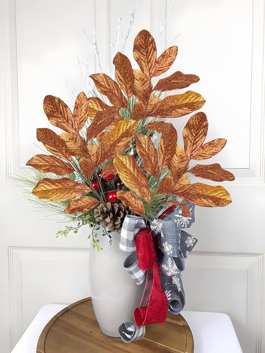 3PCS Bronze Glittered Artificial Leaf Spray Picks 31 inch Tall for Christmas Winter Autumn Wreath Tree Swag Floral Arrangment Vase Holiday Wedding, Bronze