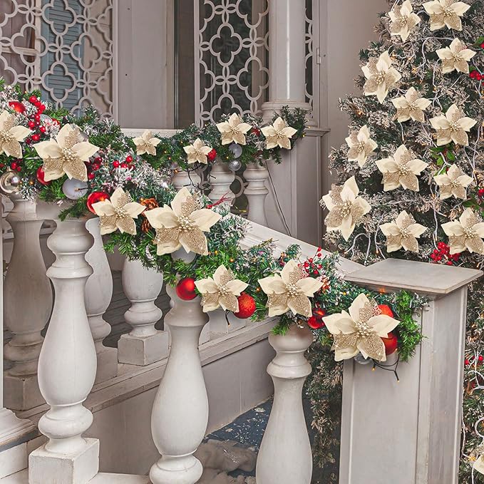 Boao 24 Pieces Christmas Artificial Glitter Poinsettia Flowers Xmas Flowers Wedding Christmas Tree New Year Ornaments(Champagne)
