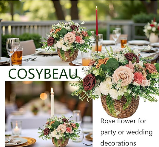 Artificial Fake Flowers 25pcs Roses, Shade of Brown Foam Rose Faux Flower for DIY Wedding Bouquets Bridal Shower Centerpieces Floral Arrangements Party Tables Home Decorations