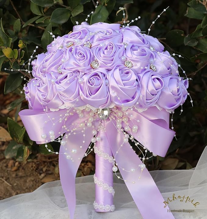 Bridal Wedding Bouquet Round Bling Brooch Bouquet Throw Toss Artificial Rose Flower Bunch for Bride Bridesmaid Wedding Quinceanera(Light Purple, 7.5")
