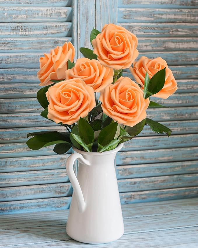 JOYLEX Artificial Flowers Realistic Roses, Real Looking Fake Roses with Stem for DIY Wedding Bouquets Centerpieces Bridal Shower Party Home Romantic Decorations (Orange, Regular 3" - 200pcs)