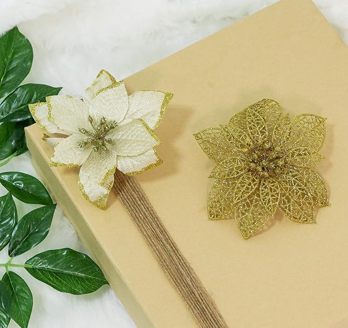 ilauke 24Pcs Gold Poinsettias Artificial Christmas Flowers, 6" Glitter Artificial Christmas Flowers with 30 Clips, for Xmas Tree Decorations Wedding Party Fireplace Stairs Decor