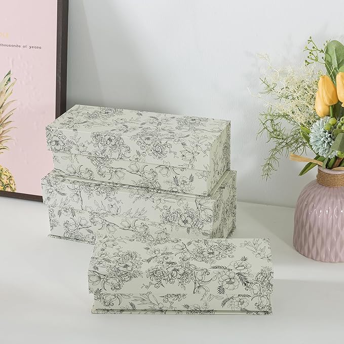 Soul & Lane Decorative Storage Boxes with Lids, Set of 3 Cardboard Boxes for Home Décor and Documents, Memory Organizers for Keepsakes with Magnetic Closure, Photo Storage, Elegant Floral