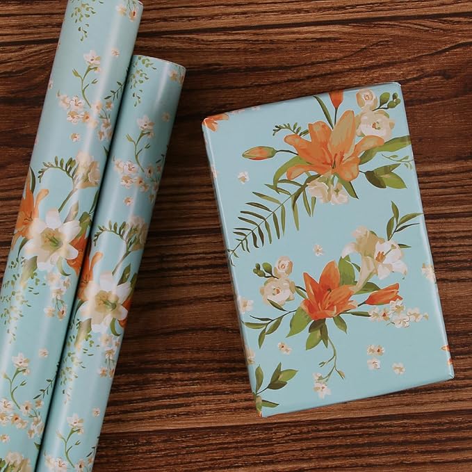 Aimyoo Blue Yellow Floral Wrapping Paper Roll 17 in x 10 ft, Daylily Flower Gift Wrap for Wedding Birthday Bridal Shower