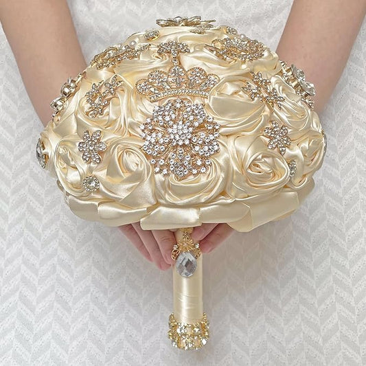 Handmade Satin Rose Floral Bling Pearl Decor Bridal Wedding Bouquet Rhinestone Pendant Artificial Brooch Flowers for Bride Bridesmaid Quinceanera