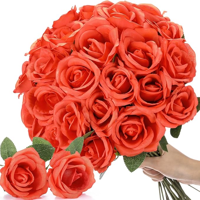 Jexine 60 PCS Artificial Roses Bulk Silk Flowers with Long Stems, Realistic Faux Rose Bouquet for Wedding Centerpieces, Valentine’s Party, Home Decor(Orange)