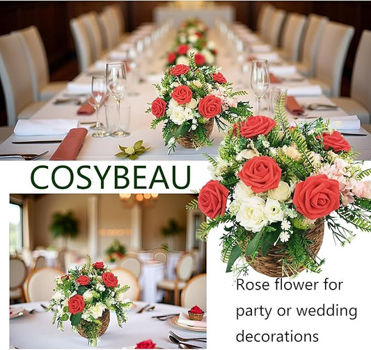 Artificial Flowers 25pcs Fake Roses, Red Foam Rose Faux Flower for DIY Wedding Bouquets Bridal Shower Centerpieces Floral Arrangements Home Decorations Party Backdrops Table