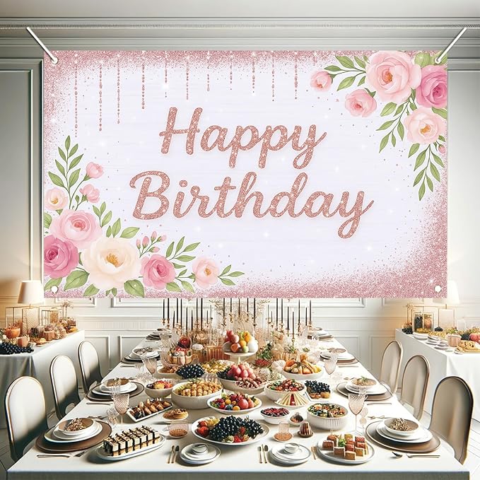 Rose Gold Birthday Backdrops Banner Floral Pink Flower Glitters Happy Birthday Photography Background for Women Girls Wedding Baby Shower Decor Party Photo Booth Supplies 6x4ft