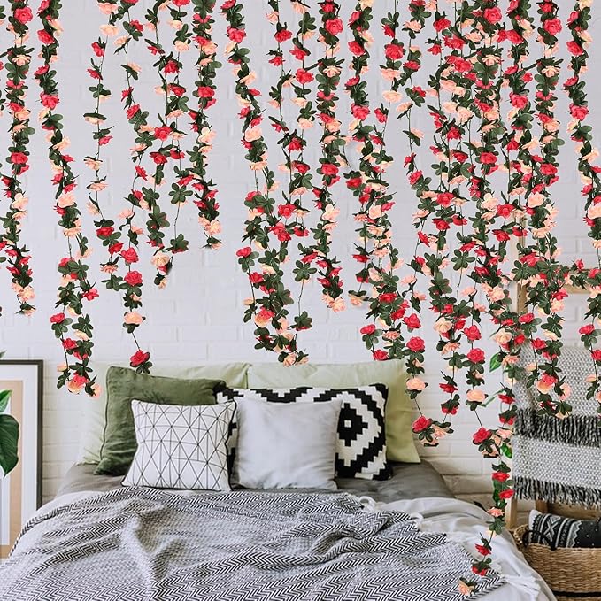 4 Pcs 32.8FT Flower Garland,Rose Garland,Pink Flower Vines for Decoration, Wedding, Garden, Wall Decoration,Backdrop,Bedroom,Birthday Party