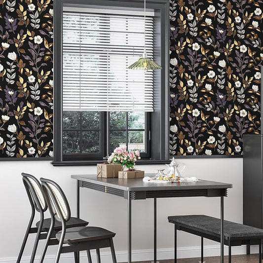 Dark Floral Wallpaper Peel and Stick Vintage Gold Leaf Contact Paper Black Floral Wallpaper Waterproof Self-Adhesive Wall Covering for Bedroom Countertop Desk Cabinets 17.4" x 393"