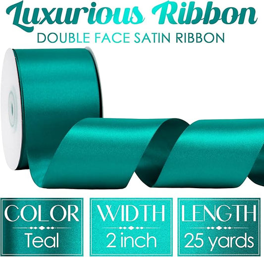 MEEDEE Teal Satin Ribbon - 2 Inch Double Faced Satin Ribbon for Christmas Tree, Weddings, Flower Bouquets