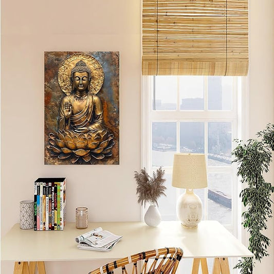 Buddha Wall Art Golden Buddha in Lotus Seat Serene spiritual statue radiant aura Meditation and mindfulness wall art suitable for sacred spaces 8x12in Wood Framed
