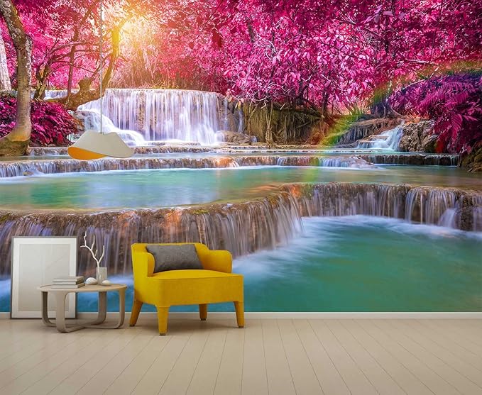 Forest Waterfall Wall Mural Wallpaper Large Nature Scenery Mural for Bedroom Living Room TV Background Sofa Wall(Not Peel and Stick)