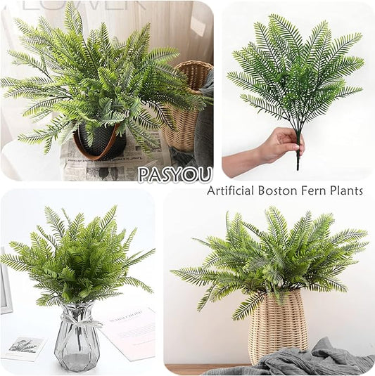 PASYOU Artificial Boston Fern Plants, Greenery Leaves Bamboo UV Resistant Fake Plastic Plant for Outdoors Indoor Hanging Planter Front Porch Garden Farmhouse Decoration 8 Pack