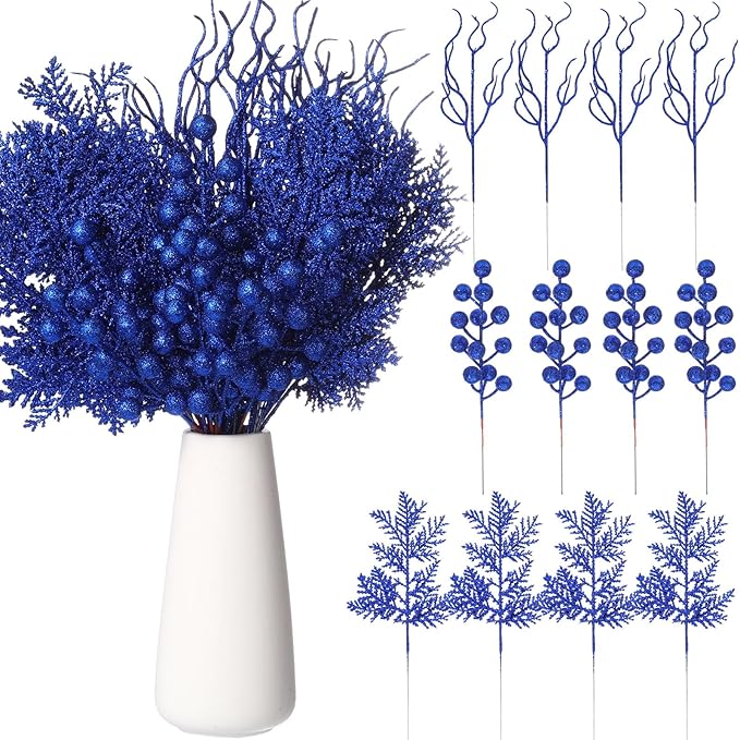 75 Pcs Christmas Glitter Branches 3 Styles Artificial Christmas Picks Berries Stems Pine Needles Floral Twig Spray for Xmas Tree Ornaments DIY Wreath Garland(Blue)