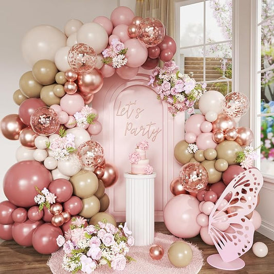 Blush Pink Nude Balloon Arch Kit, 148Pcs Dusty Pink Pastel Pink Brown White Sand Rose Gold Confetti Balloons for Baby Bridal Shower Wedding Engagement Birthday Party Decorations