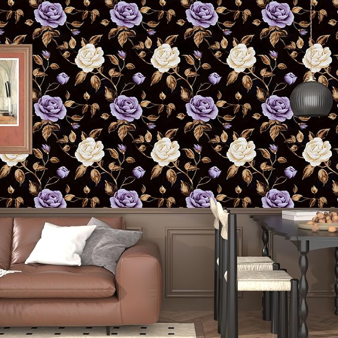 Golden Floral Wallpaper Peel and Stick Vintage Purple Gold Rose Contact Paper Self Adhesive Removable Retro Dark Flower Wall Mural for Bedroom Walls Shelves Cabinet Table Decor 17.5" x 118"