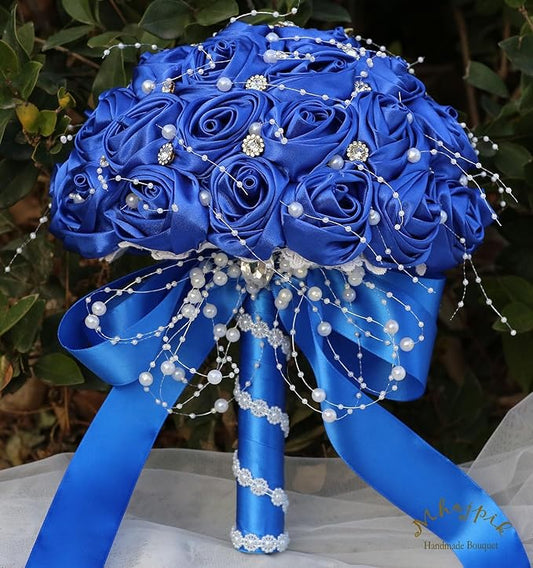 Bridal Wedding Bouquet Round Bling Brooch Bouquet Throw Toss Artificial Rose Flower Bunch for Bride Bridesmaid Wedding Quinceanera(Royal Blue, 6.3")