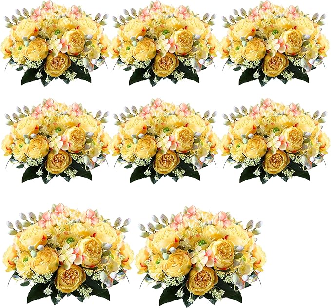 ASTRYAS 8Pcs Yellow Peonies Artificial Flowers, Fake Silk Peony Faux Peonies Flowers for Decoration Florals Arrangements Centerpiece Table Wedding Party Home Decor(8,Yellow)