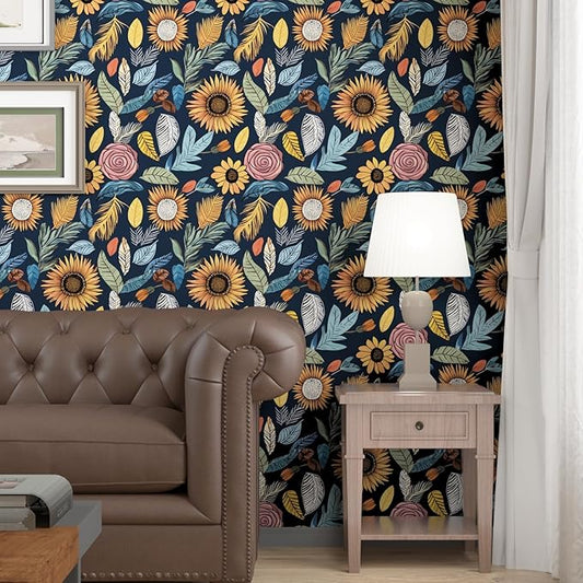 Blue Boho Wallpaper Peel and Stick,Vintage Floral Contact Paper 17.5" x 118", Retro Paisley Flower Botanical Wall Paper Self Adhesive Removable Waterproof for Bathroom Shelves Cabinet Table Decoration