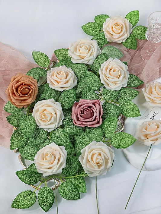 Meldel Artificial Flower Rose 50pcs Real Looking Champagne Fake Foam Roses with Stems for DIY Wedding Bouquets Gifts Bridal Shower Faux Floral Centerpieces Arrangements Home Party Tables Decorations
